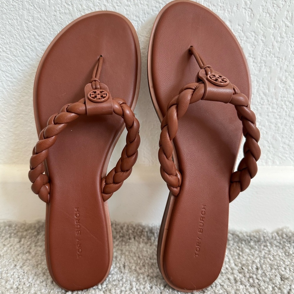 Tory Burch Benton Braid Thong Flip Flop Brown Burnt Cuoio Size 6.5